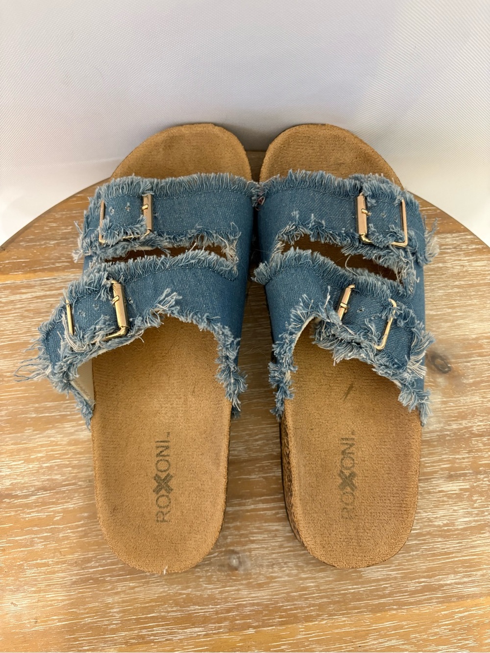 Roxoni Denim Frayed Double-Buckle Slide Sandals - Blue
